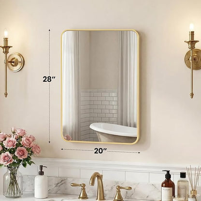 OLIXIS Bathroom Mirror for Over Sink, 28x20 Inch Wall Mount Mirror with Rounded Rectangle and Matte Metal Framed, Modern Wall Vanity Mirror for Home Decor, Living Room, Bedroom, Gold