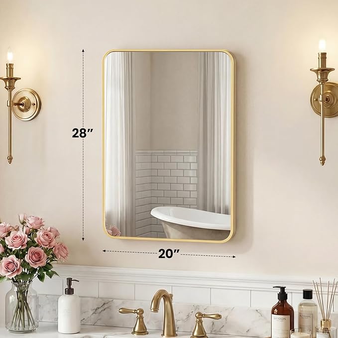NEWBULIG 20X28 Inch Bathroom Mirror, Rectangle Wall Mirror with Rounded Corners, Gold Vanity Mirrors for Bathroom Sink with Metal Frame for Bedroom, Entryway, Hangs Horizontally or Vertically