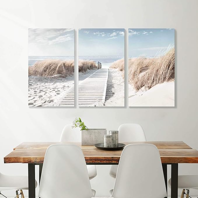 Hardy Gallery Beach Path Picture Coastal Artwork: Seaside Boardwalk Painting Art Print on Canvas for Living Room (34'' x 20'' x 3 Panels)