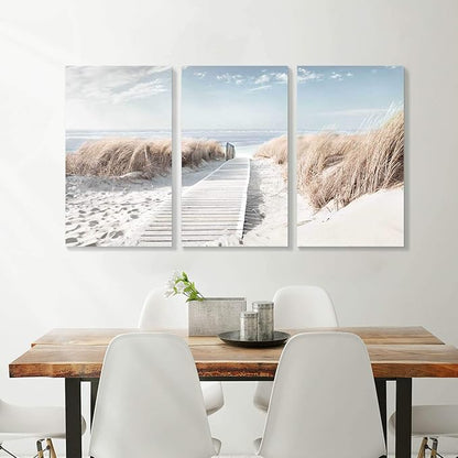 Hardy Gallery Beach Path Picture Coastal Artwork: Seaside Boardwalk Painting Art Print on Canvas for Living Room (34'' x 20'' x 3 Panels)