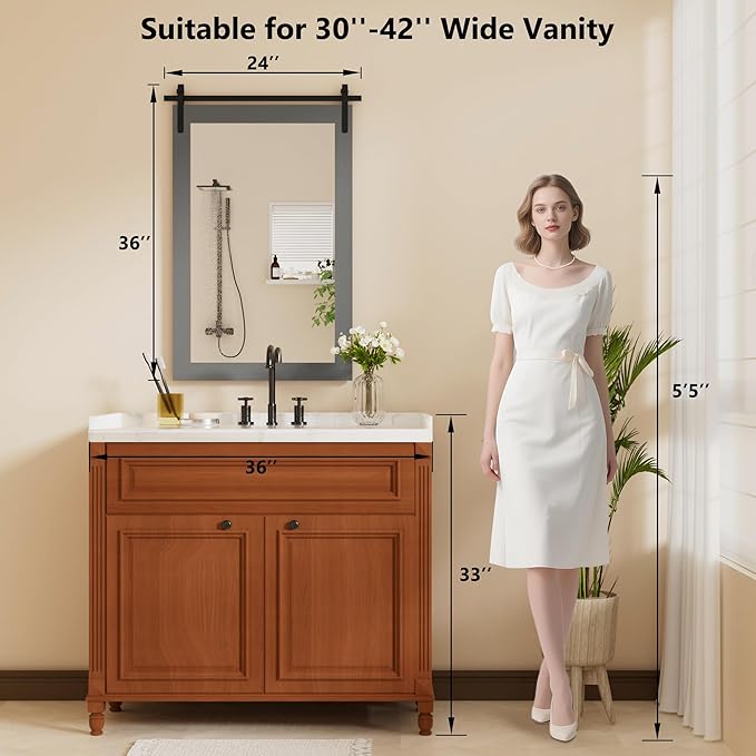 Farmhouse Wall Mirror, Rustic Wood Frame Bathroom Mirror Barn Door Inspired Decorative Vanity Dress Mirrors for Living Room Entryway, 24x36 INCH Gray Vertical