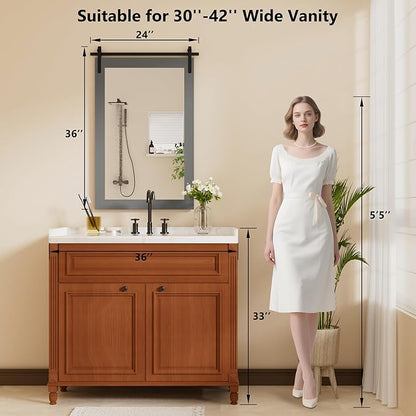 Farmhouse Wall Mirror, Rustic Wood Frame Bathroom Mirror Barn Door Inspired Decorative Vanity Dress Mirrors for Living Room Entryway, 24x36 INCH Gray Vertical