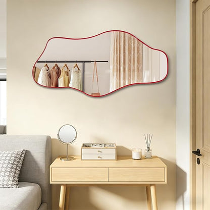 Irregular Tempered Glass Mirror, 35.8"x17.7" Red Asymmetrical Wall Mirror, Modern Abstract Frameless Mirrors for Living Room Bathroom Bedroom Entryway, Horizontal or Vertical Hanging