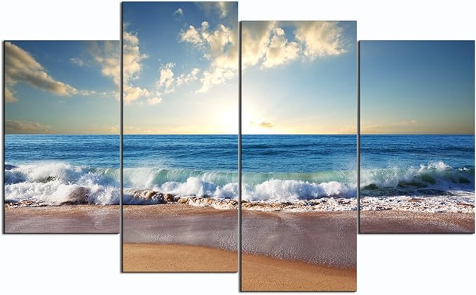 Yatsen Bridge Modern Landscape Painting on Canvas 4 Piece Beach Ocean Pictures Wall Art for Living Room Home Decor Wooden Framed Stretched Ready to Hang (48’’W x 36’’H)