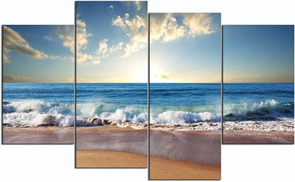 Yatsen Bridge Modern Landscape Painting on Canvas 4 Piece Beach Ocean Pictures Wall Art for Living Room Home Decor Wooden Framed Stretched Ready to Hang (48’’W x 36’’H)