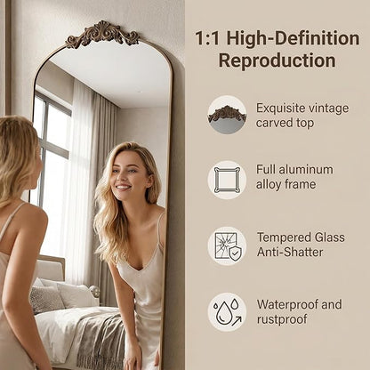 Antok Arched Full Length Mirror, 82"x44" Floor Mirror with Carved, Full Body Mirrors for HomeDecor, Standing/Halling Large Wall Mirror for Bedroom, Living Room, Cloakroom, Bronze, Vintage Style