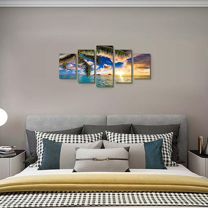 Modern 5 Piece Framed Giclee Canvas Prints - Blue Beach Landscape Blue Paintings on Canvas Wall Art Canvas Print Frame Picture Painting (B-5pcs,40"x20")