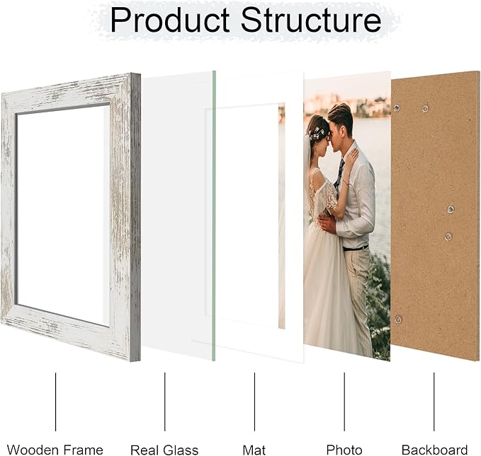iRahmen 7x10 Picture Frame - High Definition Real Glass Wooden Photo Frames for Tabletop Display and Wall Mounting (Distressed-White, Set of 2)