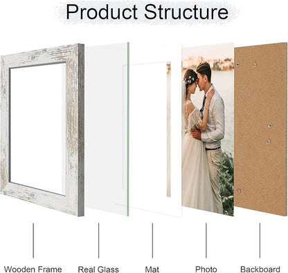 iRahmen 7x10 Picture Frame - High Definition Real Glass Wooden Photo Frames for Tabletop Display and Wall Mounting (Distressed-White, Set of 2)