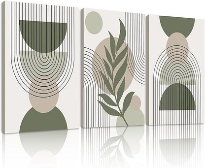 Drsoum 12x16in Boho Wall Art Green Sage Decor Framed Wood Modern Bohemian Abstract Geometry Canvas Prints Ready to Hang