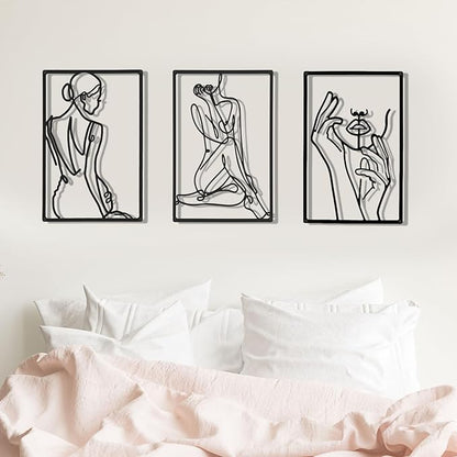 Cindeer 3 Pieces Metal Wall Art Decor 18 Inch Minimalist Modern Abstract Line Home Decor Woman's Body Shape Single Line Wall Art for Kitchen Bedroom Living Room