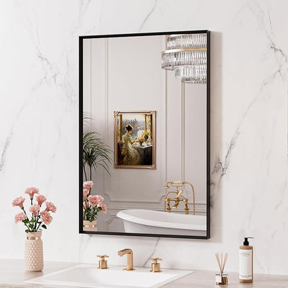 LOAAO Black Bathroom Mirror 28"X32" for Wall, Rectangle Bathroom Vanity Mirror, Hangs Vertically or Horizontally, Easy to Install, Modern Design