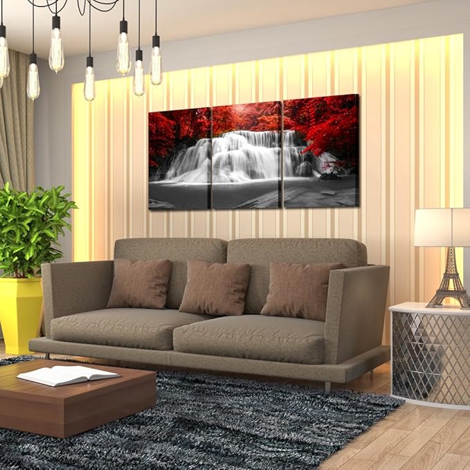 KREATIVE ARTS Black White and Red Canvas Wall Art 3 Pieces Red Woods Waterfall Canvas Print Landscape Paintings Framed Picture for Office and Home Décor Ready to Hang 16x24inchx3pcs