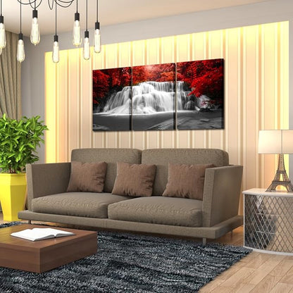 KREATIVE ARTS Black White and Red Canvas Wall Art 3 Pieces Red Woods Waterfall Canvas Print Landscape Paintings Framed Picture for Office and Home Décor Ready to Hang 16x24inchx3pcs