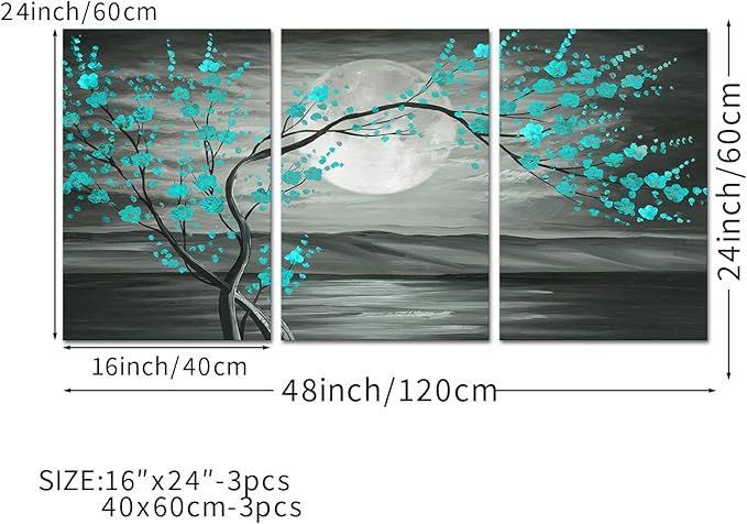 iKNOW FOTO 3pcs Grey and Teal Floral Canvas Prints Framed Plum Blossom Tree Oil Painting Printed on Canvas Gallery Wrapped Full Moon Flower Pictures Living Room Traditional Paintings 16x24x3pcs