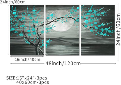 iKNOW FOTO 3pcs Grey and Teal Floral Canvas Prints Framed Plum Blossom Tree Oil Painting Printed on Canvas Gallery Wrapped Full Moon Flower Pictures Living Room Traditional Paintings 16x24x3pcs