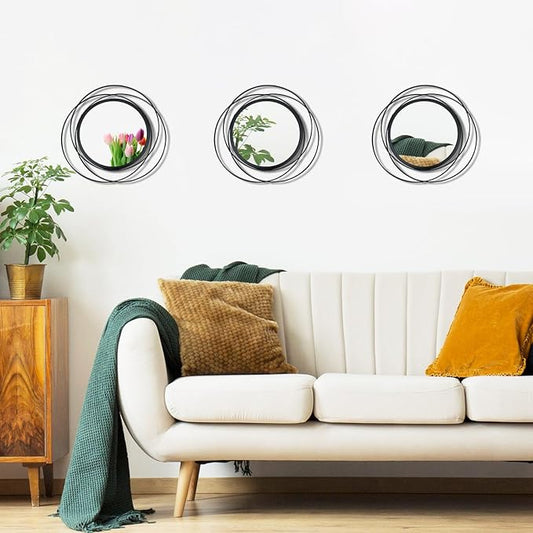 3 Set. Round Mirrors for Wall Decor Living Room Bedroom Bathroom Dining Room Metal Circle Mirror Set Boho Decorative Sunburst Wall Art Accent Entryway - Black 9.5 in.