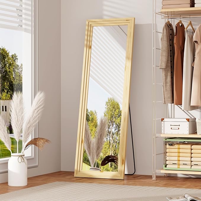 ZHUNFA Full Length Mirror,65x22 Inch Full Length Mirror Wall Mounted,Vertical Hanging,Leaning Standing for Bedroom,Living Room,Rectangular Wooden Frame,Log Color.