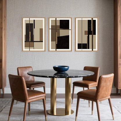 Abstract Shapes Framed Canvas Wall Art Set, Mid-Century Black Polygon Wall Decor, Black Brown Irregular Painting, Neutral Modern Art Print for Living Room, Dining Room, Office-16 x24 x3