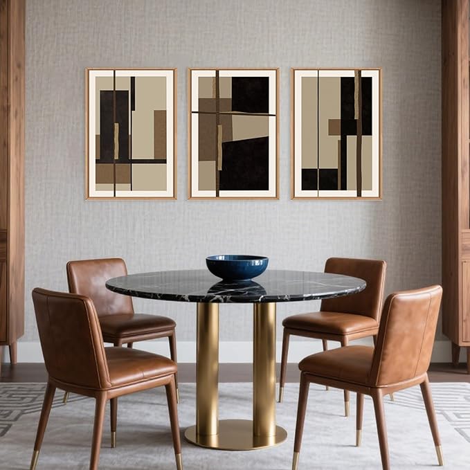 Abstract Shapes Framed Canvas Wall Art Set, Mid-Century Black Polygon Wall Decor, Black Brown Irregular Painting, Neutral Modern Art Print for Living Room, Dining Room, Office - 24"x36"x3
