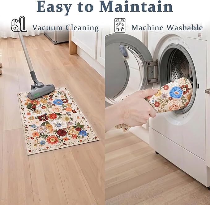 Area Rugs 24x17 Inch Home Decor Entry Rug, Small Door Mat Bath Mats for Bathroom, Ultra-Thin Non Slip Floral Rug Low Pile Tub Mat for Sink Shower Doorway Tub Kitchen Sink(2 x 1.4 ft, Beige)