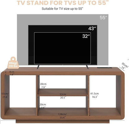 MWOOD 50.4" TV Stand with Charging Station, Mid Century Console Table with Curved Edges, Wood Entertainment Center with 4 Open Shelves for Living Room Bedroom, Appartment Walnut