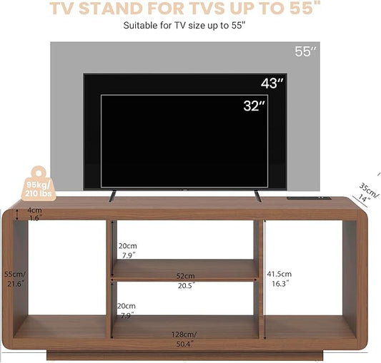 MWOOD 50.4" TV Stand with Charging Station, Mid Century Console Table with Curved Edges, Wood Entertainment Center with 4 Open Shelves for Living Room Bedroom, Appartment Walnut