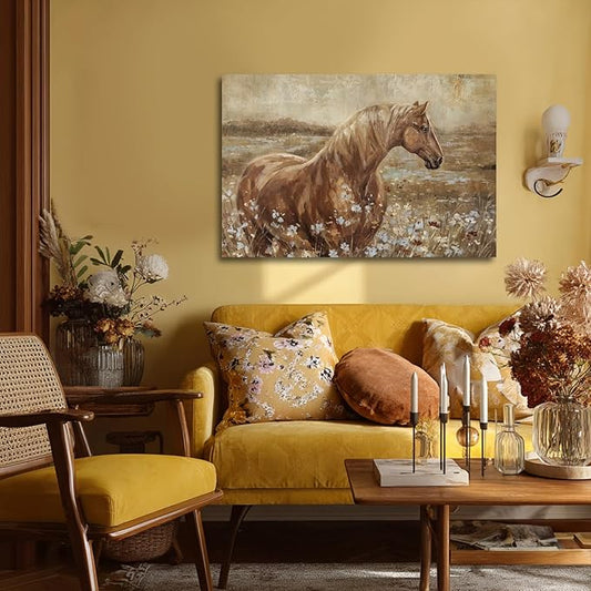 ZENPEE Horse Canvas Wall Art for Farmhouse Decor, Neutral Brown/Beige Equestrian Picture with Wildflower Meadow, Animal Artwork for Living Room Bedroom Office, Ready to Hang, 24 x 36 Inches