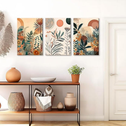 LYPHNX Framed Boho Burnt Orange Botanical Floral Canvas Wall Art Abstract Terracotta Jungle Poster Pictures Set of 3 Flower Prints Painting Home Decor for Bathroom Bedroom Living Room 16"x24"