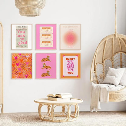 Preppy Wall Art Pink Orange Wall Decor Trendy Canvas Wall Art Aesthetic Pictures Girl Posters Inspirational Daily Affirmation Prints Lucky You Artwork Set of 6 for Dorm Room 12x16 Inch Unframed