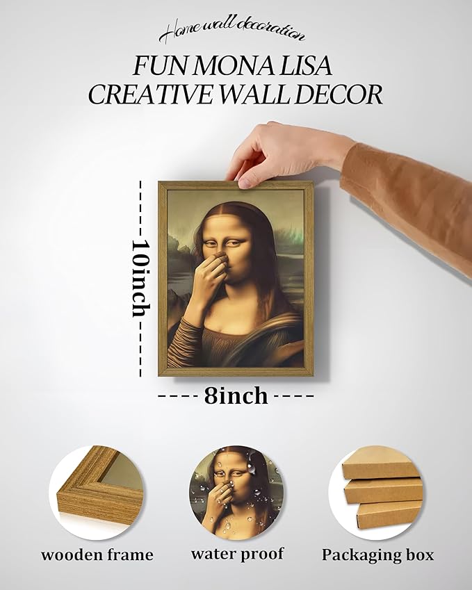 XYHYRA Vintage Mona Lisa Bathroom Wall Art, Funny Mona Lisa Pinching Nose Wall Decor, Humor Amusing restroom Canvas Print Painting for Toilet Bathroom Home Decor 8x10 Inch Framed