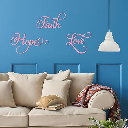 ESTART Faith Hope Love 3 Pieces Metal Wall Decor Inspirational Pink Letter Sign Wall Art Rustic Vintage Farmhouse Word Metal Sign Family Wall Decor for Home Bedroom Living Room (Pink)
