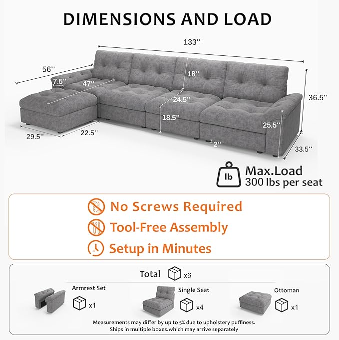 Oversized Modular Sectional Sofa with Storage, Modern Deep Seat Cloud Couch for Living Room, L-Shaped Large Sectional Couch, 4 Seater with Ottoman, Gray
