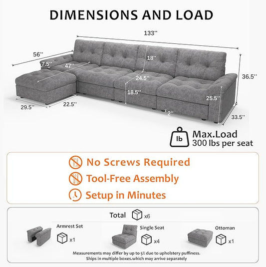 Oversized Modular Sectional Sofa with Storage, Modern Deep Seat Cloud Couch for Living Room, L-Shaped Large Sectional Couch, 4 Seater with Ottoman, Gray