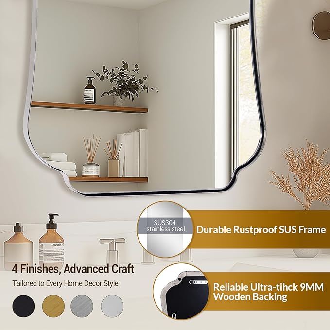 ANDY STAR 36x48 Chrome Bathroom Mirror, Large Decorative Scalloped Shape Wall Mirror with Stainless Steel Frame, Modern Wave-Edge Design for Vanity, Hallway, Lounge Decor