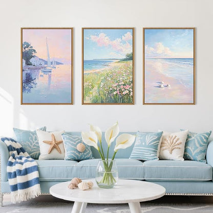 Aryroi Pink Beach Dreamy Coastal Framed Canvas Wall Art Set,Watercolor Colorful Floral Sailboat Seascape Wall Decor,Soft Preppy Pastel Wildflower Artwork for Living Room,Farmhouse- 24"x36"x3