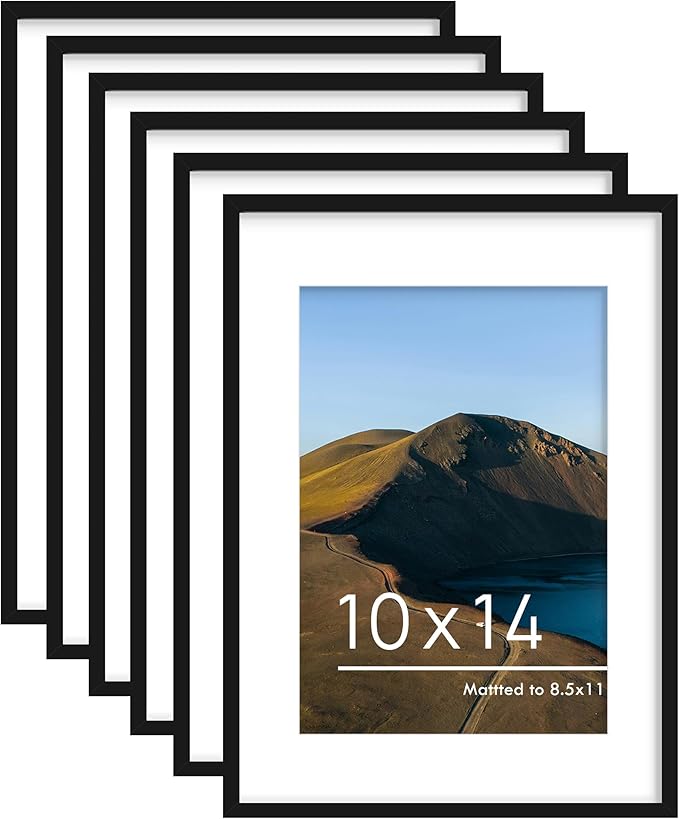 PEALSN 10x14 Picture Frame Set of 6, Display Pictures 8.5 x 11 with Mat or 10 x 14 without Mat for Wall Mounting Display, Photo Frames Collage for Wall Decor, Black.