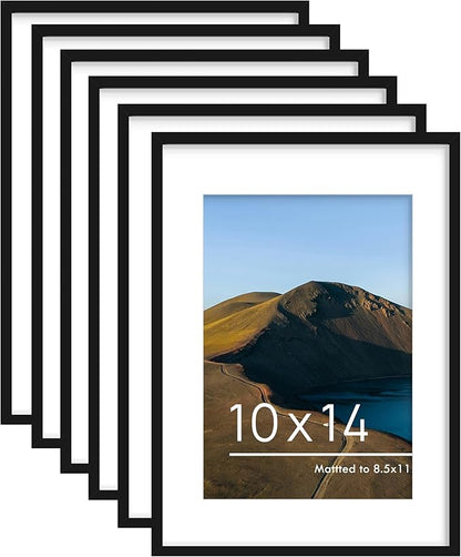 PEALSN 10x14 Picture Frame Set of 6, Display Pictures 8.5 x 11 with Mat or 10 x 14 without Mat for Wall Mounting Display, Photo Frames Collage for Wall Decor, Black.