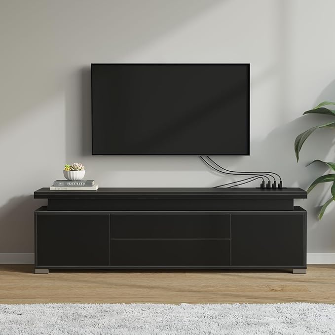 Rolanstar TV Stand with Power Outlet & LED Lights, Modern Entertainment Center for 32/43/50/55/65 Inchs TVs, TV Table, Universal Gaming LED TV Media Stand with Large Storage Cabinet, Black