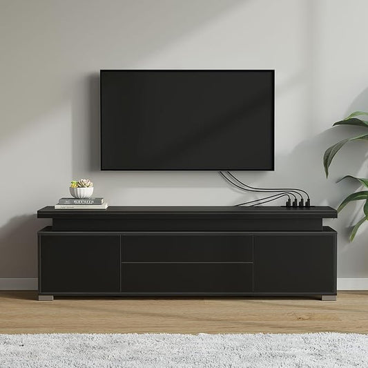 Rolanstar TV Stand with Power Outlet & LED Lights, Modern Entertainment Center for 32/43/50/55/65 Inchs TVs, TV Table, Universal Gaming LED TV Media Stand with Large Storage Cabinet, Black