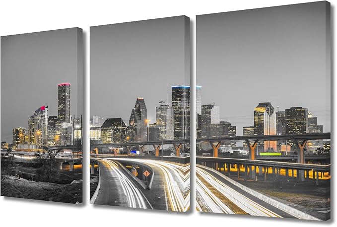 TUMOVO American Cityscape Wall Decor 3 Piece Houston Nighttime Lightscape Art Prints Wall Decor Living Room Beautiful Skyscrapers Skyline House Decor Framed Ready to Hang (36" Wx24 H)