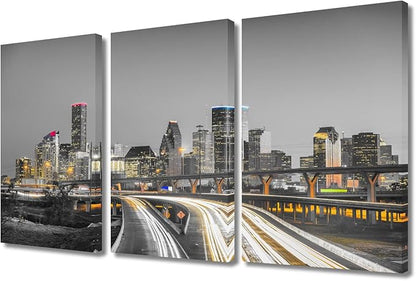 TUMOVO American Cityscape Wall Decor 3 Piece Houston Nighttime Lightscape Art Prints Wall Decor Living Room Beautiful Skyscrapers Skyline House Decor Framed Ready to Hang (36" Wx24 H)