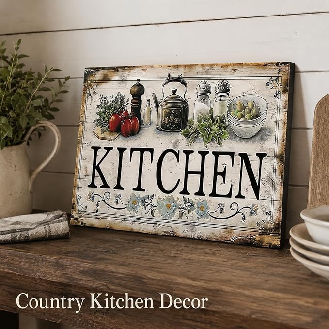 Vintage Kitchen Sign Canvas Wall Art Country Kitchen Painting Picture Decor Vegetable Food Poster Print Artwork for Restaurant Home Decoration
