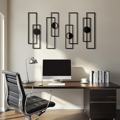 Abstract Black Metal Wall Art Set of 4, Large Modern Geometric Wall Decor with 3D Layered Design for Living Room, Bedroom, Bathroom, Hallway, Minimalist Wall Sculptures
