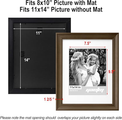 Yaetm 11x14 Picture Frame with Mat for 8x10 Set of 4, 1.4" Wide Molding Brown Wood Grain Photo Frames 11 x 14 with Tempered Glass for Home and Office, Wall Mount (4 pack, Wood Brown)