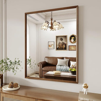 WEER Bathroom Mirror, 28x36 Inch Wall Mirror, Walnut Wood Grain Framed Mirror, Rectangle Vanity Mirror, Tempered Glass, Anti-Rust, Hangs Horizontally or Vertically