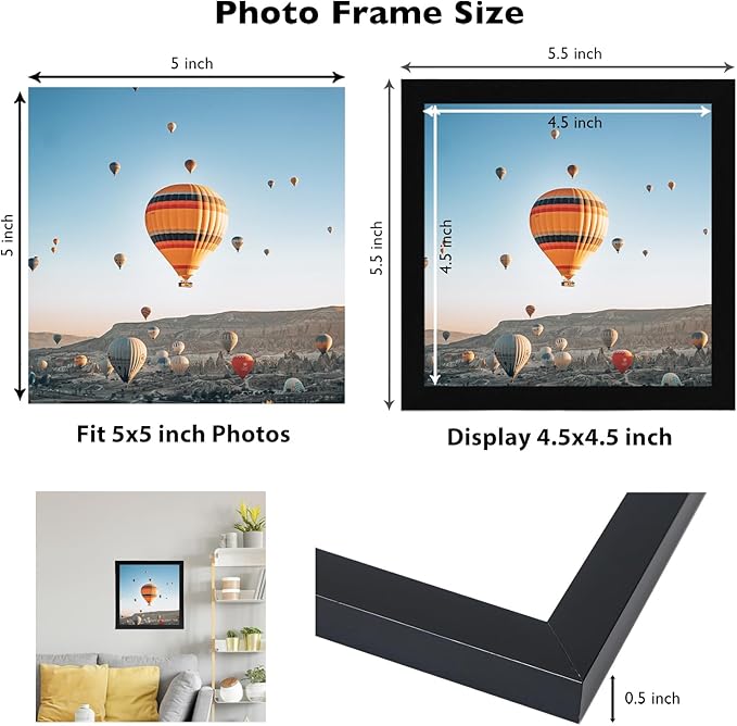 5x5 Picture Frame Set of 6 Black for Wall Hanging or Tabletop, Wall Mounting Horizontally or Vertically, 5 x 5 Square Wall Gallery Poster Photo Frame with Shatter Resistant Plexiglass, 6 Pack, Black