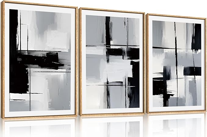 HPNIUB Black Grey Modern Abstract Framed Canvas Wall Art Neutral Minimalist Brush Prints Wall Decor,Mid-Century Geometric Line Artwork for Living Room,Bedroom,Office Decor-16''x24''x3