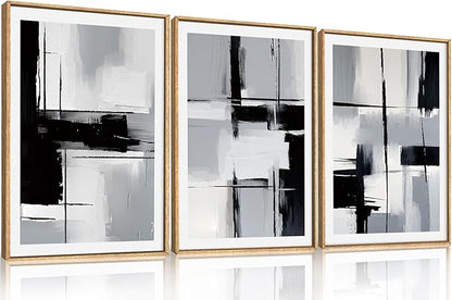 HPNIUB Black Grey Modern Abstract Framed Canvas Wall Art Neutral Minimalist Brush Prints Wall Decor,Mid-Century Geometric Line Artwork for Living Room,Bedroom,Office Decor-16''x24''x3