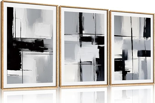 HPNIUB Black Grey Modern Abstract Framed Canvas Wall Art Neutral Minimalist Brush Prints Wall Decor,Mid-Century Geometric Line Artwork for Living Room,Bedroom,Office Decor-16''x24''x3